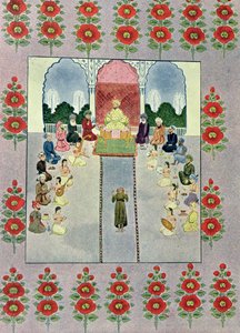 Sindibád námořník přijímá Sindibáda vrátného, ilustrace pro Sindibáda námořníka, z The Arabian Nights, 1895 (barevná rytina) od French School