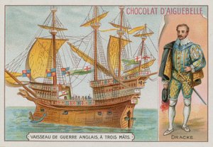 Sir Francis Drake a třístěžňová anglická válečná loď od French School