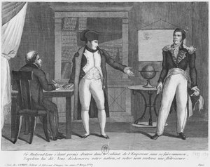 Sir Hudson Lowe přichází do studia Napoleona I. (1769-1821) na ostrově Svatá Helena, aniž by se ohlásil. od French School