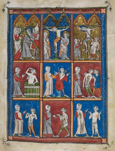 Sloane 1977, f.7 The Chirurgia: Devět miniatur zobrazujících biblické a lékařské výjevy. Nahoře Kristus nesoucí kříž; Marie a sv. Jana na Kalvárii; Kristus dal ocet a probodl kopím. Centrum a níže, lékaři ošetřující pacienty pro různé od French School