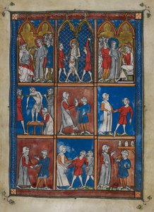 Sloane MS 1977 fol.6r Devět miniatur zobrazujících biblické a lékařské výjevy. Nahoře Kristus před Kaifášem a Pilátem; bičování. Centrum a níže, lékaři ošetřující pacienty se zlomenými kostmi a jinými nemocemi od French School