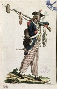Voják Francouzské revoluce nesoucí bajonet, ke kterému je připevněn bochník chleba a kus masa: LAn 11 1794 od French School