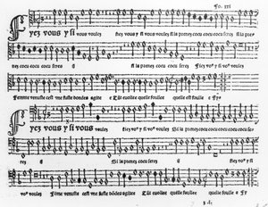 Songsheet z Chansons Musicales vydal Pierre Attaignant († 1552) 1535-36 od French School