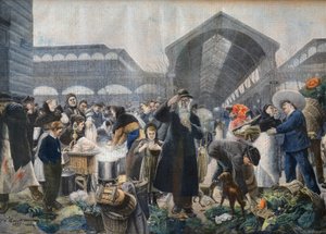 Stánek s polévkou na trhu Les Halles v dopoledních hodinách, ilustrace z 