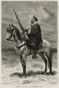 Spahi, výkonný jezdec a děs přispívající k dobytí Alžírska, ve službách Francie, odchází v arabské kanceláři, rytina podle kresby H.Charlese, aby ilustroval příběh Tebessa a její památky (Alžírsko), od A. Herona de Villefosse, od French School