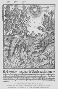 Španělský filozof a františkánský terciář Ramon Llull v kontemplaci, směřující všechny schopnosti své duše k Bohu (litho) od French School
