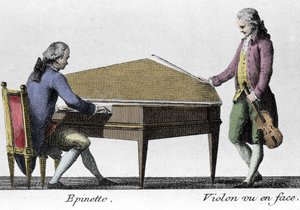 Spinette a hráč na housle. Rytina z konce 18. století. od French School