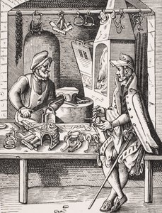 Spur Maker, reprodukce dřevorytu od Josta Ammana (1539-91) z „Le Moyen Age et La Renaissance“ od Paula Lacroixe (1806-84) vydaného 1847 (litho) od French School