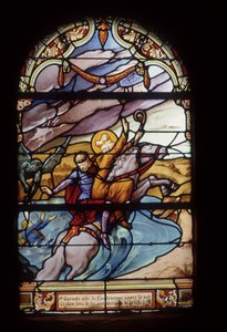 St Guenolé, opat z Landévennec, zachraňuje krále Gralona během zaplavení města Ys - vitráže kostela St Germain v Kerlaz od French School