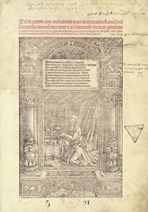Sv. Jeroným ve svém studiu, titulní strana Bible, tisk J. Marion, Lyon, 1521