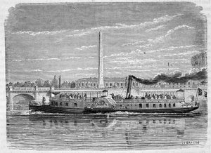 Parní člun (kolový) určený k omnibusové službě na Seině v Paříži během Světové výstavy v roce 1867 - rytina, konec 19. století od French School