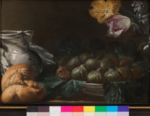Zátiší s talířem fíků, džbánem, květinami a chlebem, 1740-50 od French School