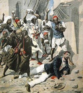Ukamenování k smrti Doktor Emile Mauchamp v Marrákeši, titulní ilustrace Le Petit Journal, 7. dubna 1907 od French School
