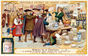 Příběh porcelánu č. 4: Míšeňský porcelán (Sasko) se poprvé objevil na velikonočním veletrhu v Lipsku v roce 1710. Liebigova chromolitografie od French School