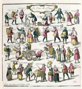 Pouliční prodavači v Paříži, konec 17. století (barevná rytina) od French School