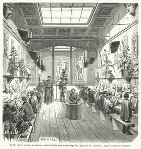 Studenti ve třídě na bezplatné škole kreslení, Francie (rytina) od French School