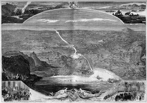 Suezský průplav: panoramatický pohled na díru v Suezské šíji (Egypt), která se začala stavět v roce 1859. Rytina od Morina v „“The Illustrous World““ č. 84 z 20. listopadu od French School