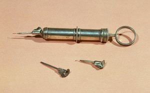 Stříkačka vynalezená Charlesem-Gabrielem Pravasem (1791-1853) v roce 1853 s různými jehlami od French School