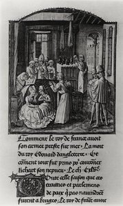 T.2 Fol.111 Smrt anglického krále Eduarda III. na hradě Shene, z Froissartovy kroniky, konec 15. století (pergamen) (čb foto) od French School