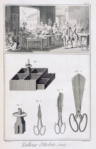Krejčí, z Encyclopedie des Sciences et Metiers od Denise Diderota (1713-84), vydané kolem roku 1770 od French School