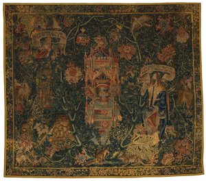 Gobelín, Bůh Otec zjevující se Mojžíšovi (jedna ze souboru šesti Sibyl obsahujících 46 134 až 46 139) s názvem „Rothamsted Tapestries“, vyrobený ve Flandrech, Tournei nebo Bruselu, Belgie, kolem roku 1530 (vlna) od French School