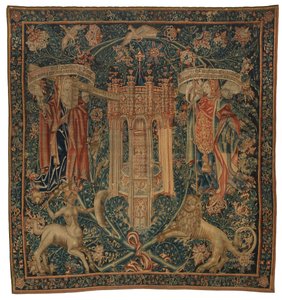 Tapiserie, Sibylla Hellespontica a Phrygia (jedna ze sady šesti Sibyl, sestávající z 46.134 až 46.139) s názvem „The Rothamsted Tapestries“, vyrobené ve Flandrech, Tournai nebo Bruselu, Belgie, kolem roku 1530 (vlna) od French School