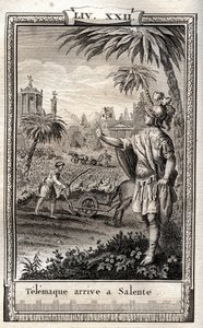 Teemaque se vrací do Salente (Salento) - rytina z roku 1798 od Monneta v „Les Aventures de Telemaque, fils d