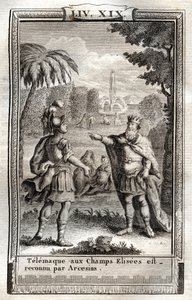 Telemaque na Champs Elisees uznává Arcesius - rytina z roku 1798 po Monnetovi v „Les Aventures de Telemaque, fils d