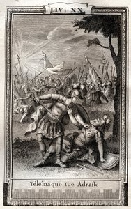 Telemaque zabíjí Adraste - rytina z roku 1798 od Monneta v „Les Aventures de Telemaque, fils d
