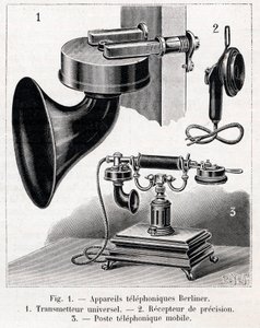 Telefonní přístroj – Berliner System – rytina „“La nature““ z roku 1902 od French School