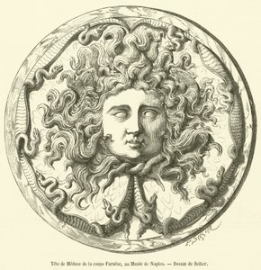 Hlava Medúzy z Farnese Cupu v neapolském muzeu (rytina) od French School
