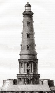 Cordouanský maják ze 17. století, poblíž ústí ústí Gironde ve Francii, viděný zde po jeho rozšíření v 18. století, z Les Merveilles de la Science, publikovaný kolem roku 1870 (rytina) od French School