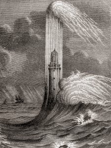 Eddystonský maják z 18. století, postavený Johnem Rudyardem, Eddystone Rocks, poblíž Rame Head, Anglie, z „Les Merveilles de la Science“, vydáno kolem roku 1870 (rytina) od French School