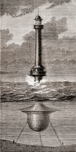 Plovoucí maják z 19. století umístěný u vjezdu do přístavu Liverpool, Anglie, z „Les Merveilles de la Science“, publikovaný kolem roku 1870 (rytina) od French School