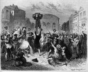 Aglikánský spisovatel Daniel Defoe (1660-1731) byl v roce 1703 pranýřován za to, že psal proti netoleranci anglikánské církve. Rytina z roku 1870. od French School