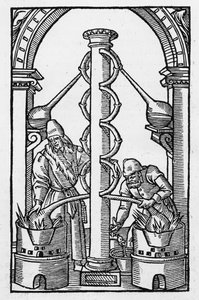 The Alchymist at Work, kopie ilustrace z „Coelum Philosophorum“ od Philippa Ulstadia, Paříž 1544, použitá v „History of Magic“, vydané koncem 19. století od French School