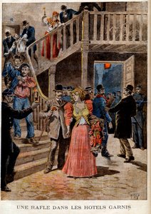 Zatčení prostitutek v pařížských hotelech (penzion) - Přehled vyplněných hotelů - v „Le Petit Journal“ z 4.8.1895 (rytina) od French School