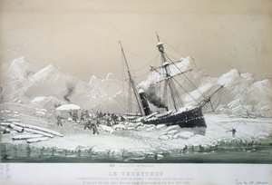 Rakouský šroubový parník Tegetthoff uvízlý v ledu a napaden ledními medvědy během průzkumné cesty k severnímu pólu 1872-4 od French School