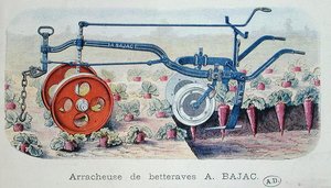 Stroj Bajac na zvedání červené řepy, cca 1900 (barevné rytí) od French School
