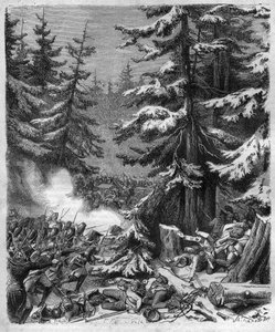Bitva u Hohenlindenu (poblíž Mnichova, Německo) 12. Frimaire, IX (3. prosince 1800) mezi francouzskými jednotkami generála Jeana Victora (Jean-Victor) Moreau a rakouskými a bavorskými silami, kterým velel arcivévoda Jean-Baptiste (Jean-Baptiste ) Rakouska. od French School