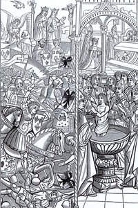 Bitva u Tolbiacu a křest krále Chlodvíka, z „Mirouer Historial de France“, vydané v roce 1516 od French School