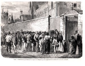 Kapucíni z rue de la Sante rozdávají denní polévku chudým, z Le Monde Illustre, 1860 od French School