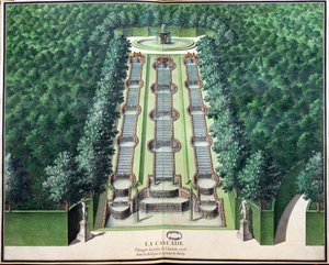 Kaskáda, upravená na konci roku 1706, v háji na kopci, z Gardens of Marly, počátek 18. století (wc na papíře) od French School
