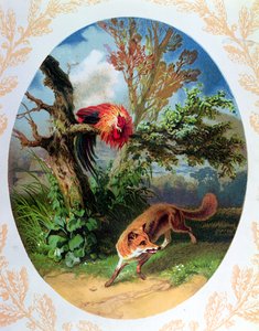 Kohout a liška, ilustrace podle bajky Jean de la Fontaine (1621-95) kolem 1860-80 od French School