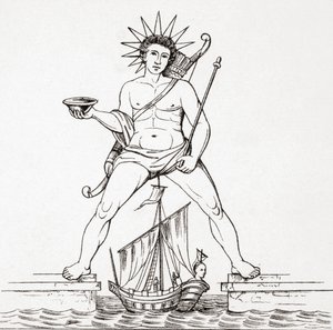 The Colossus of Rhodes, from Ancient and Modern Universal History, vydaný ve Štrasburku kolem roku 1860 (rytina) od French School