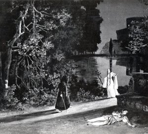 Smrt Pellease, dějství IV, scéna 4 Pelleas et Melisande od Debussyho, z fotografie první inscenace opery v Opeře-Comique v Paříži v dubnu 1902, ilustrace v Theater m od French School