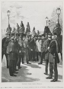 Delegace odborových svazů v Pont de la Concorde během demonstrace k 1. květnu v Paříži, 1. května 1890, rytina L. Moulignie, rytina) od French School