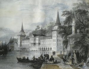 Palác Dolmabahce na Bosporu, 1840 (barevná rytina) od French School