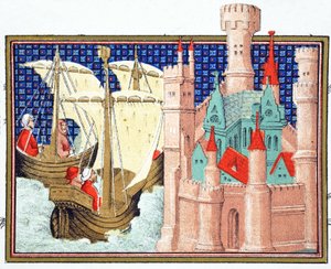 Vévoda ze Salisbury přijíždějící na hrad Conway z Irska, faksimile kopie z Le Prince et Mort du Roy Richart od Jean Creton, tištěná 19. století od French School
