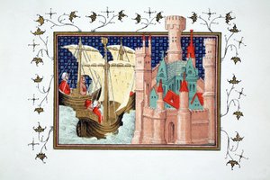 Vévoda ze Salisbury přijíždějící na hrad Conway z Irska, faksimile kopie z Le Prince et Mort du Roy Richart od Jean Creton, tištěná 19. století od French School